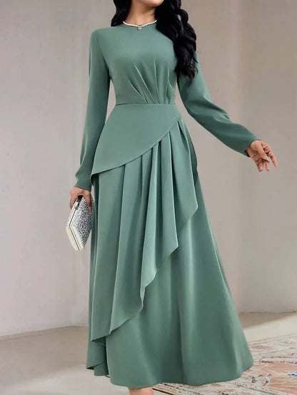 Sage Green Round Neck Long Sleeve Dress