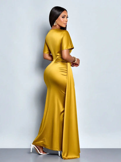 Elegant Gold Satin Maxi Dress