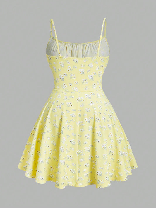 floral elegant sleeveless thin strap camisole dress