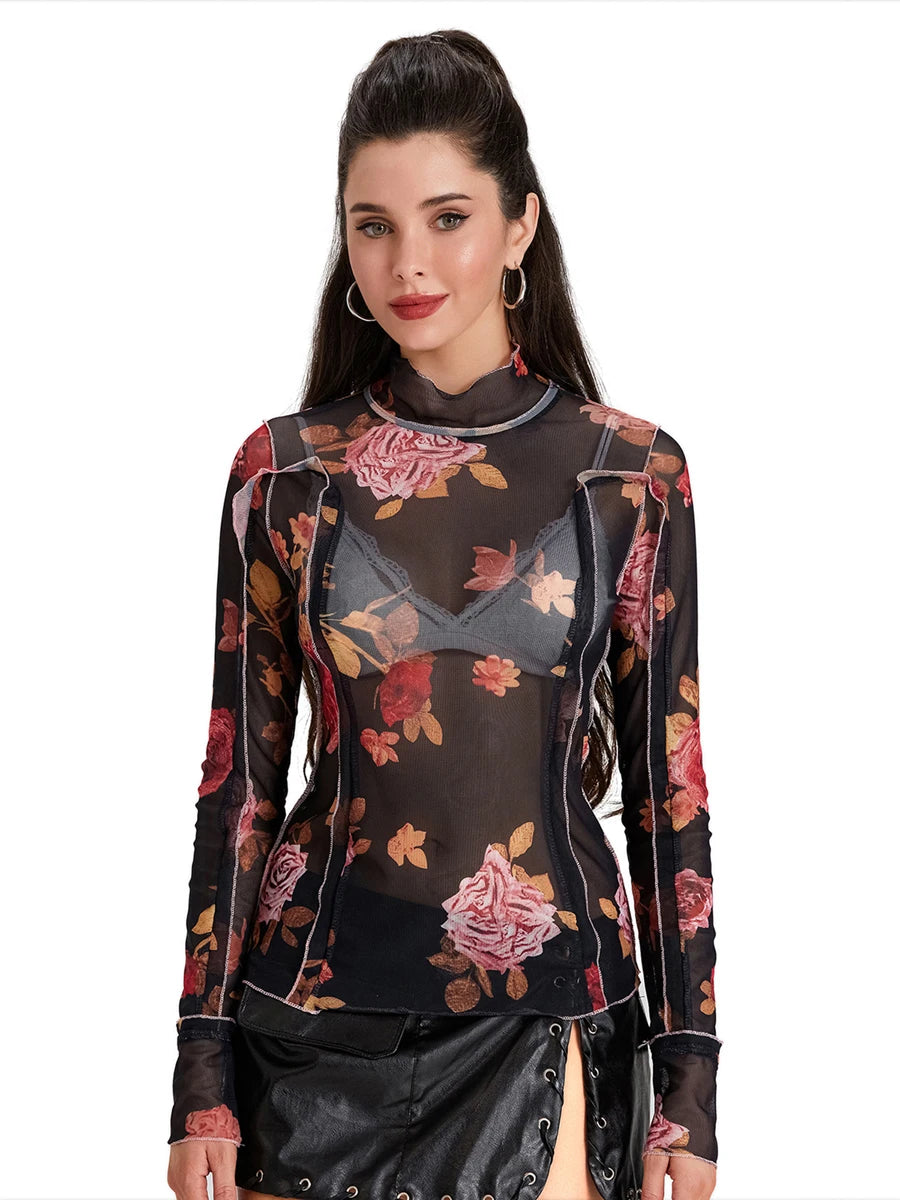 Women s  Mesh Tops Floral Print T-Shirt
