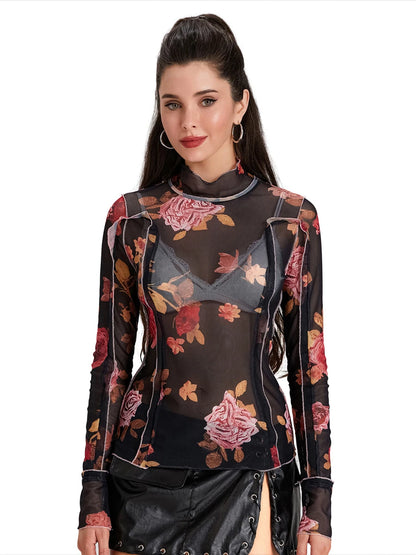 Women s  Mesh Tops Floral Print T-Shirt
