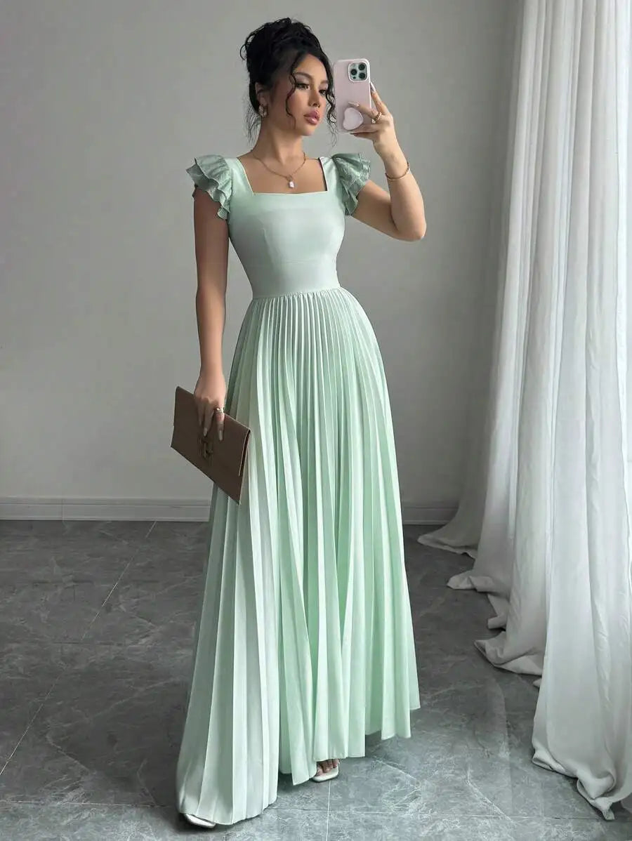Elegant Mint Green Square Neck Maxi Dress