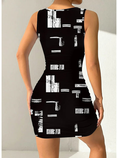Geometric Print Round Neck Sleeveless Camisole Dress