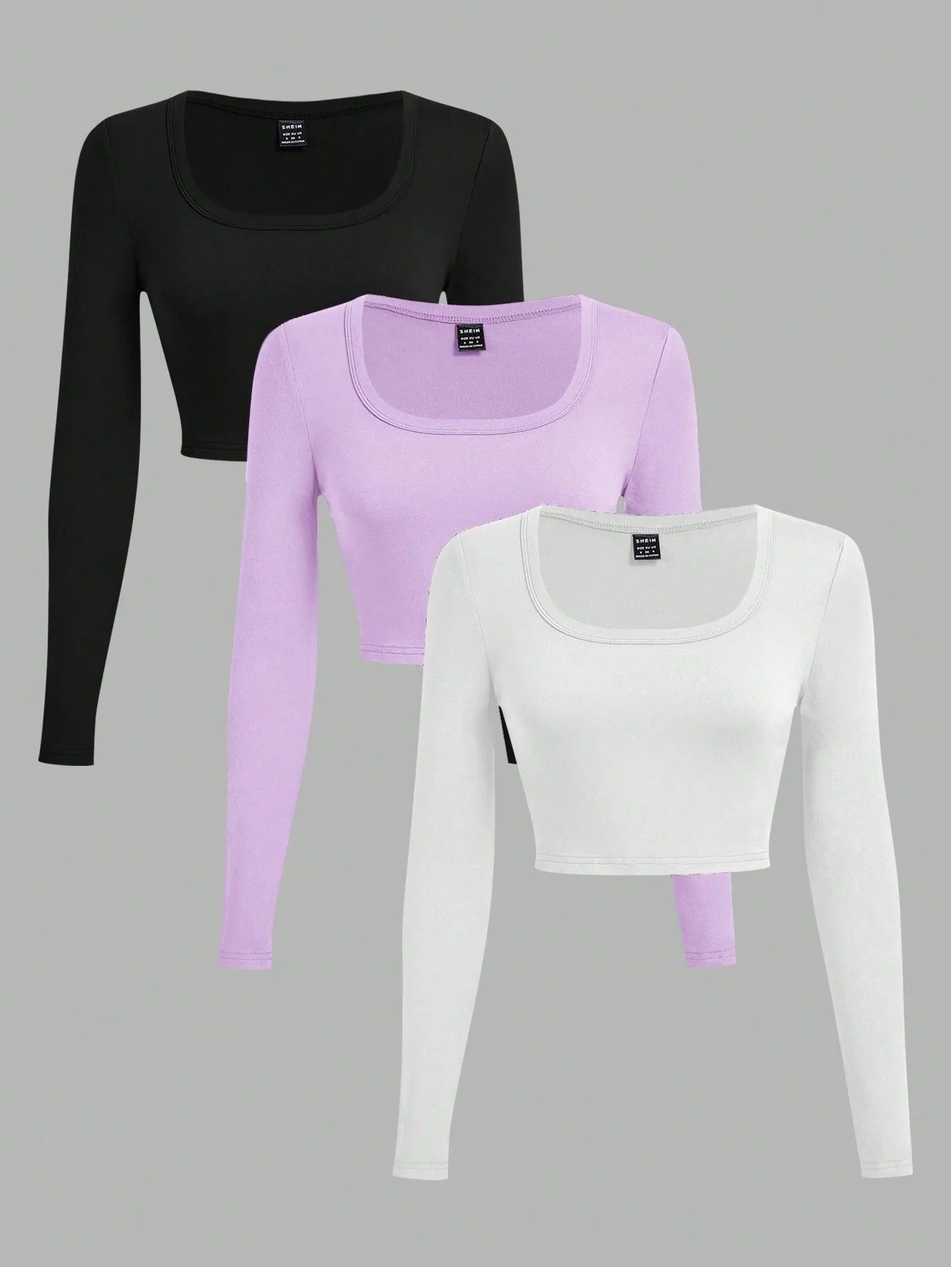 3-Pack Women's U-Neck Cropped Long Sleeve T-Shirts,