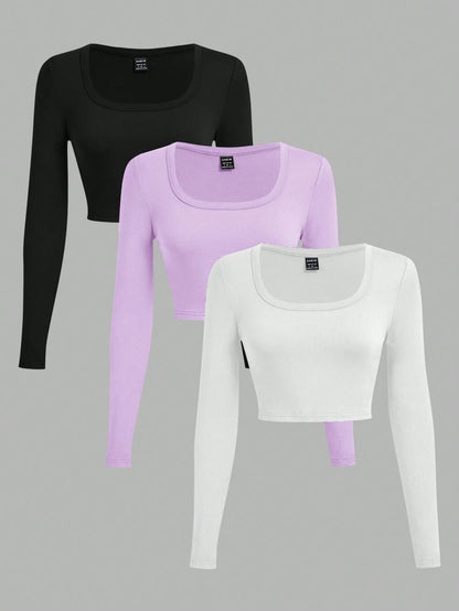 3-Pack Women's U-Neck Cropped Long Sleeve T-Shirts,