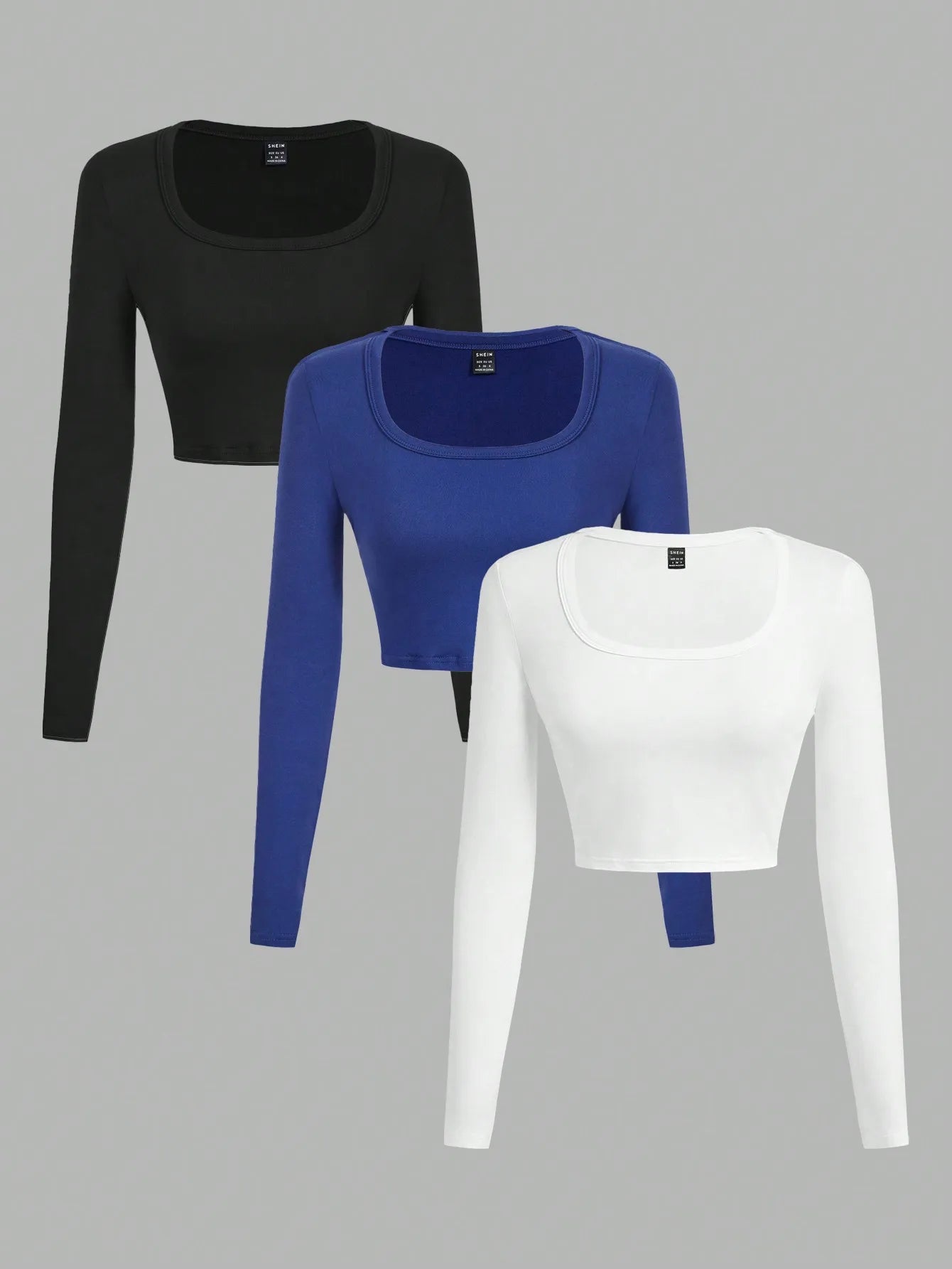 3-Pack Women's U-Neck Cropped Long Sleeve T-Shirts,