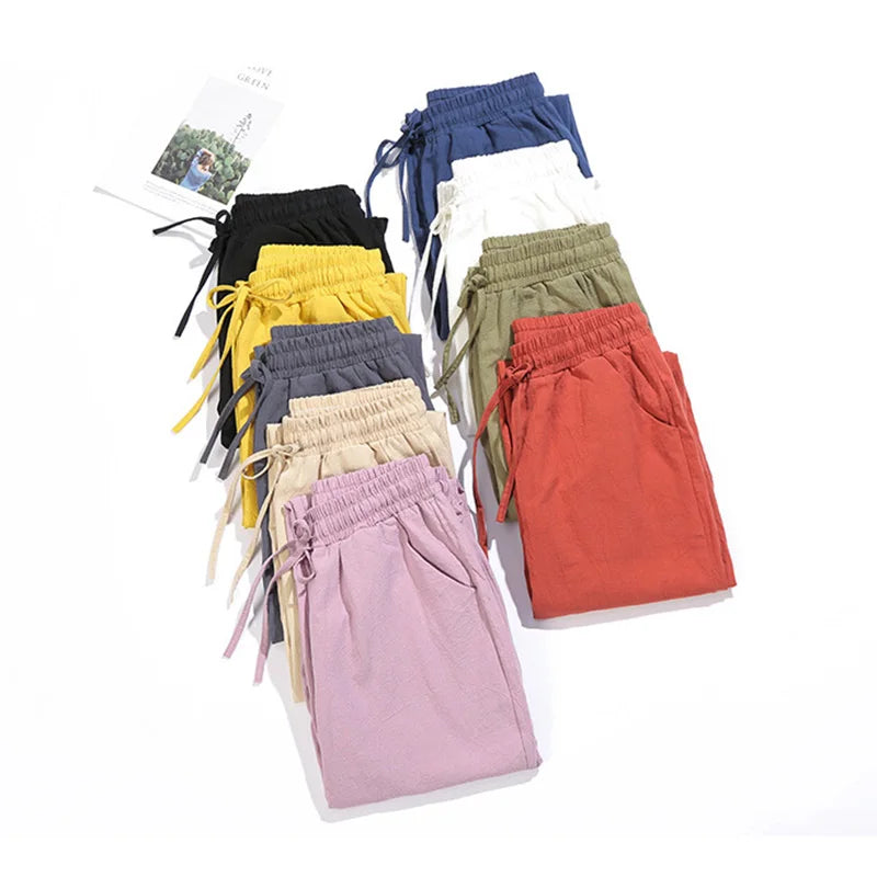 Cotton Linen Solid Elastic Waist Pants