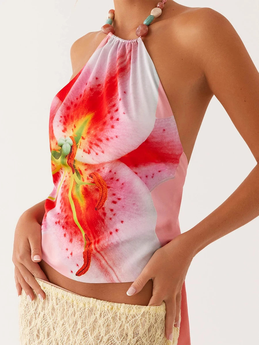 Floral Print Halter Neck Crop Top Open Back Sleeveless