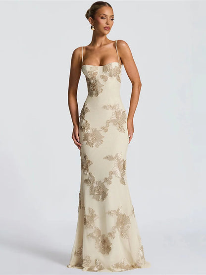 Elegant Flower Embroidery Maxi Dress