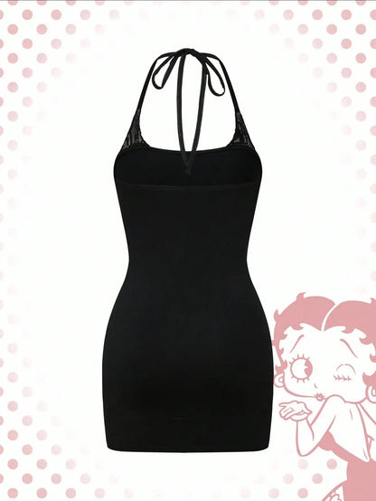 Cartoon Graphic Rhinestone Lace Dress