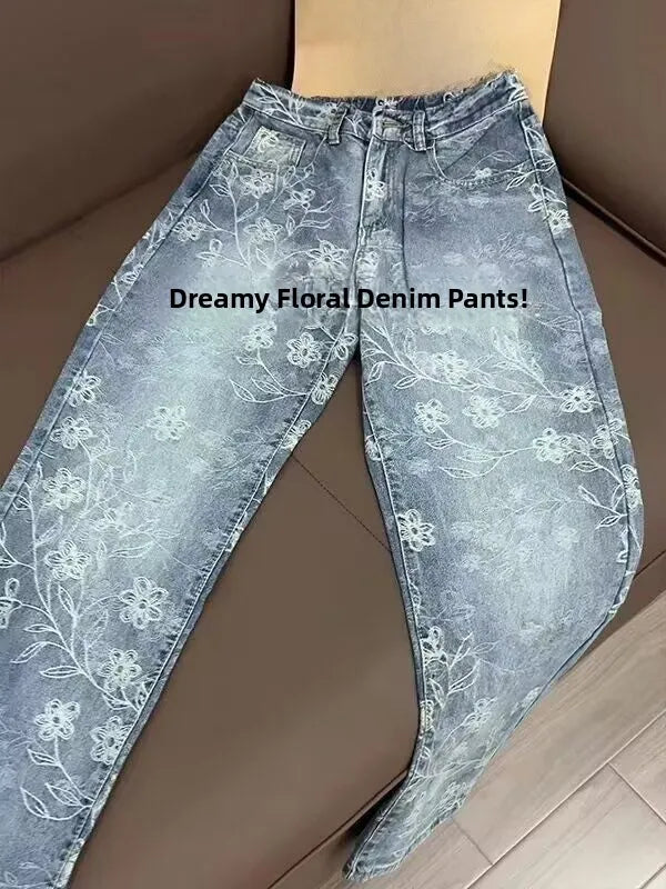 Retro Floral Washed Loose Jeans Casual