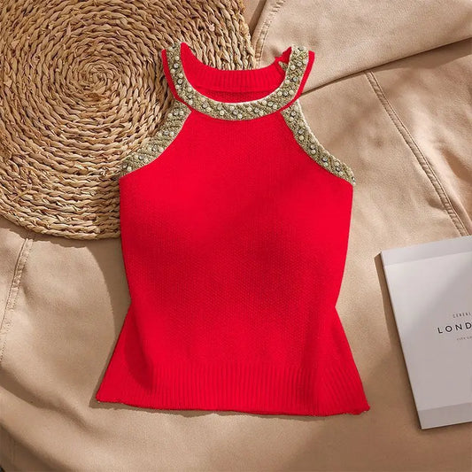 Fashionable Embroidered Flares  O-neck Sleeveless T-Shirts