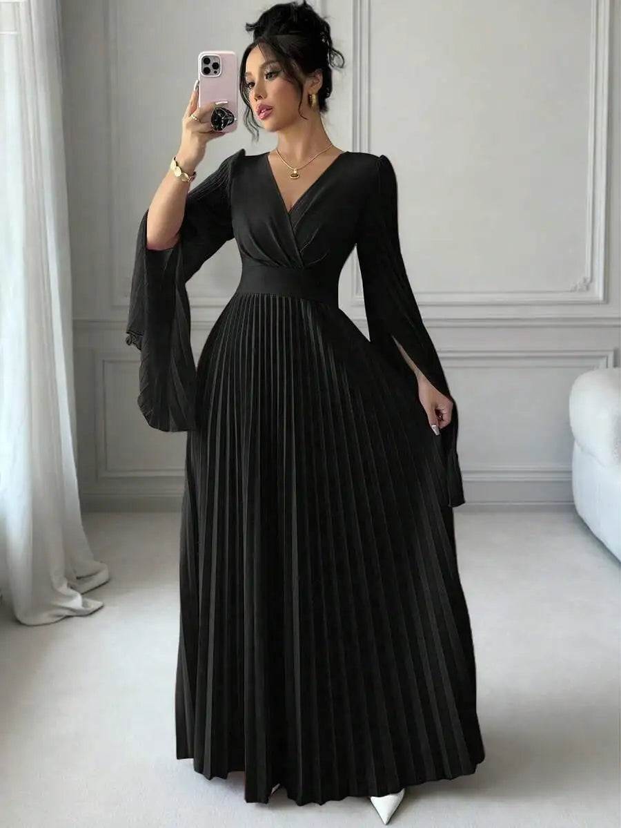 V-Neck Pleated Maxi Dress