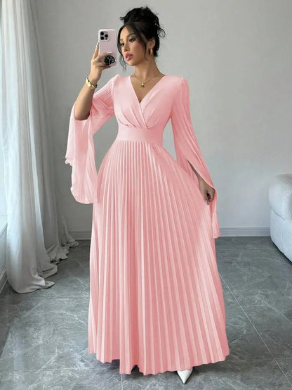 V-Neck Pleated Maxi Dress