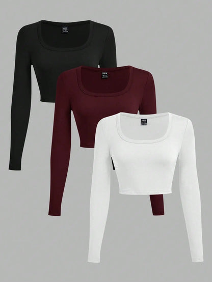 3-Pack Women's U-Neck Cropped Long Sleeve T-Shirts,