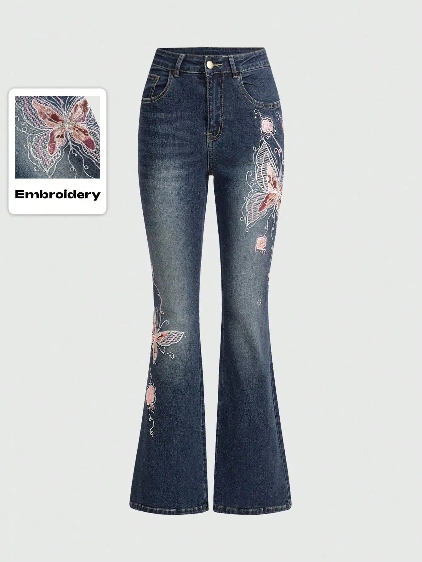 Butterfly Embroidered High Waist Flare Jeans