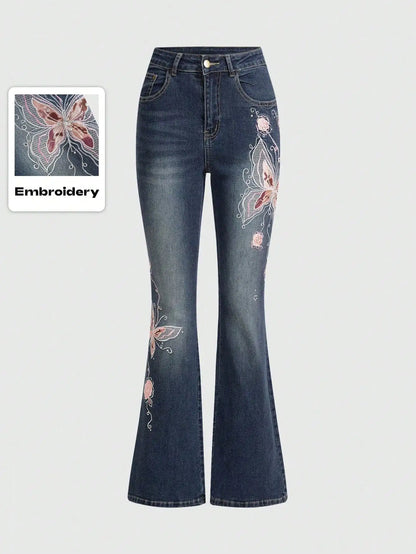 Butterfly Embroidered High Waist Flare Jeans