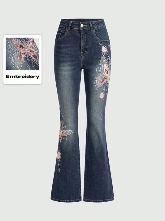 Butterfly Embroidered High Waist Flare Jeans