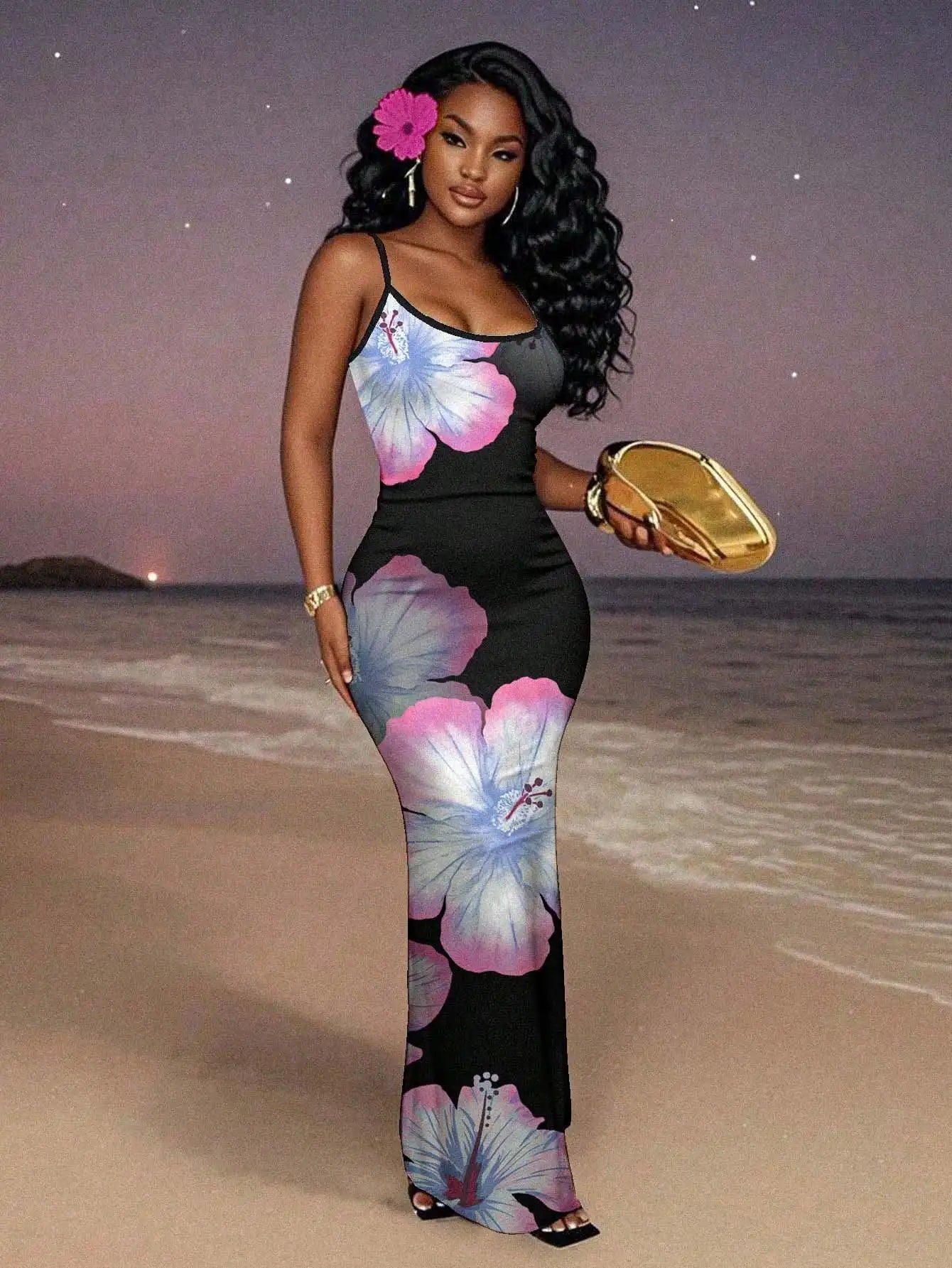 Elegant Black Red Floral Maxi Dress