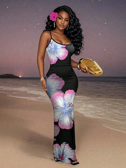 Elegant Black Red Floral Maxi Dress