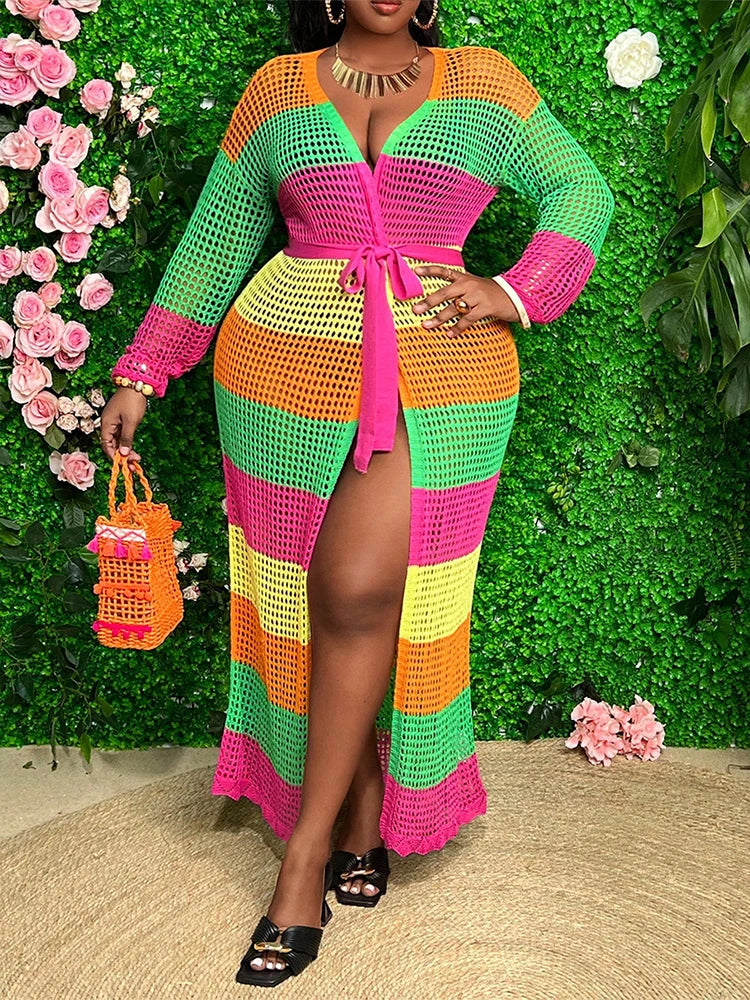 Color-Block Crochet Cardigan Beach Cover-Up