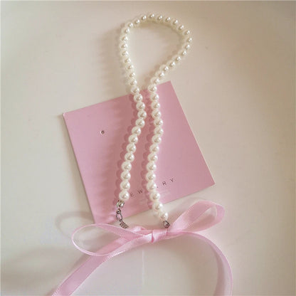 Bowknot Heart Pendant Beaded Pearl Chain Necklace