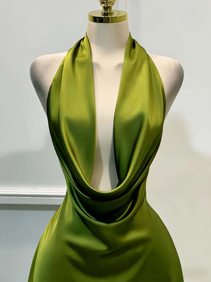 Elegant Satin, Open Back Fitted Midi Dress,