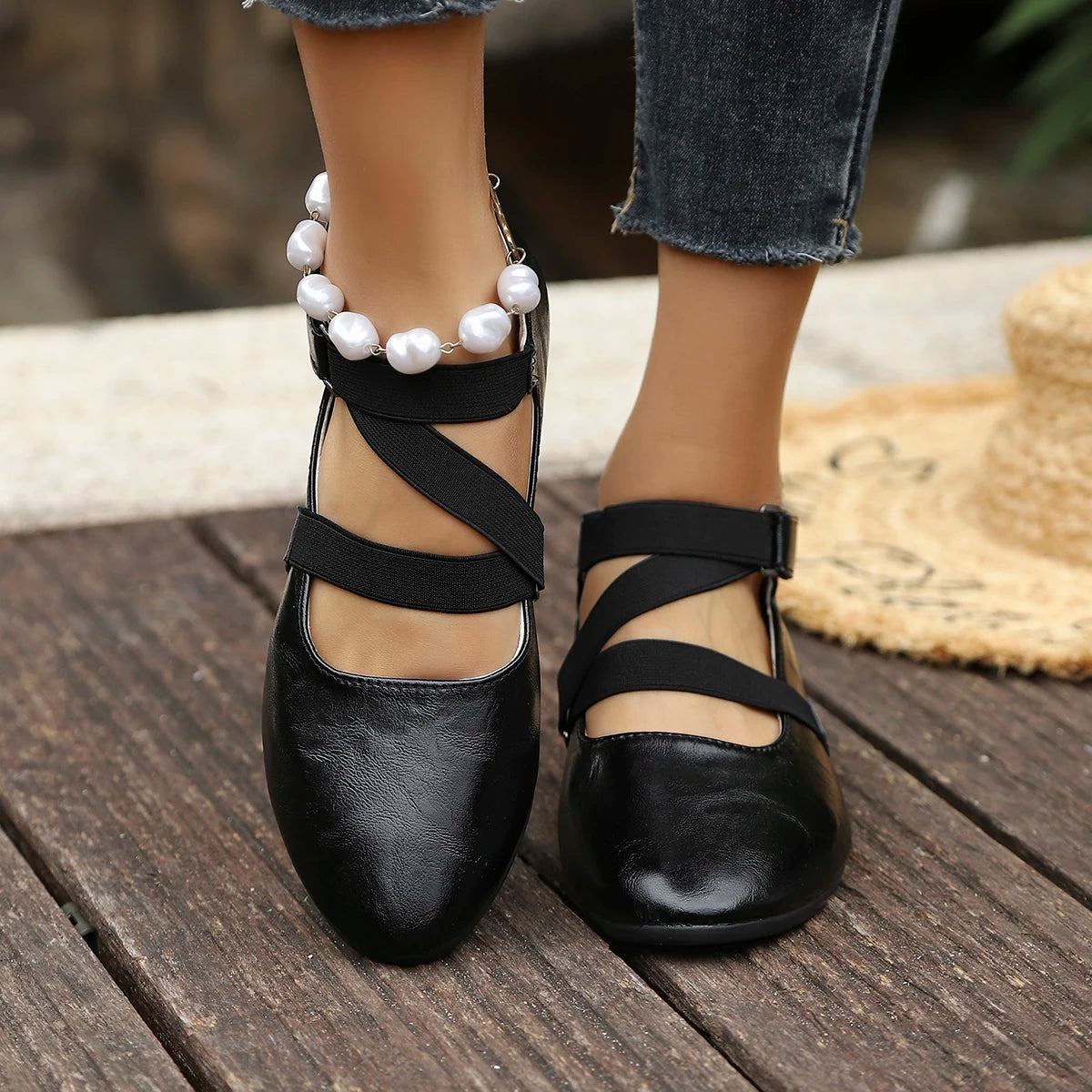 Mary Jane Flats with Pearl Ankle Strap