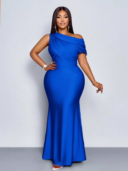 Elegant Off-Shoulder Plus Size Fishtail Evening Dress in Shiny Apricot for Wedding Party