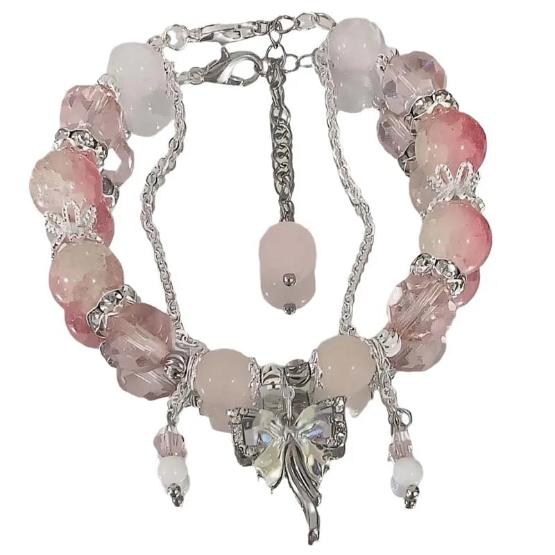 Crystal Flowers Butterfly Pendant Beaded Bracelet