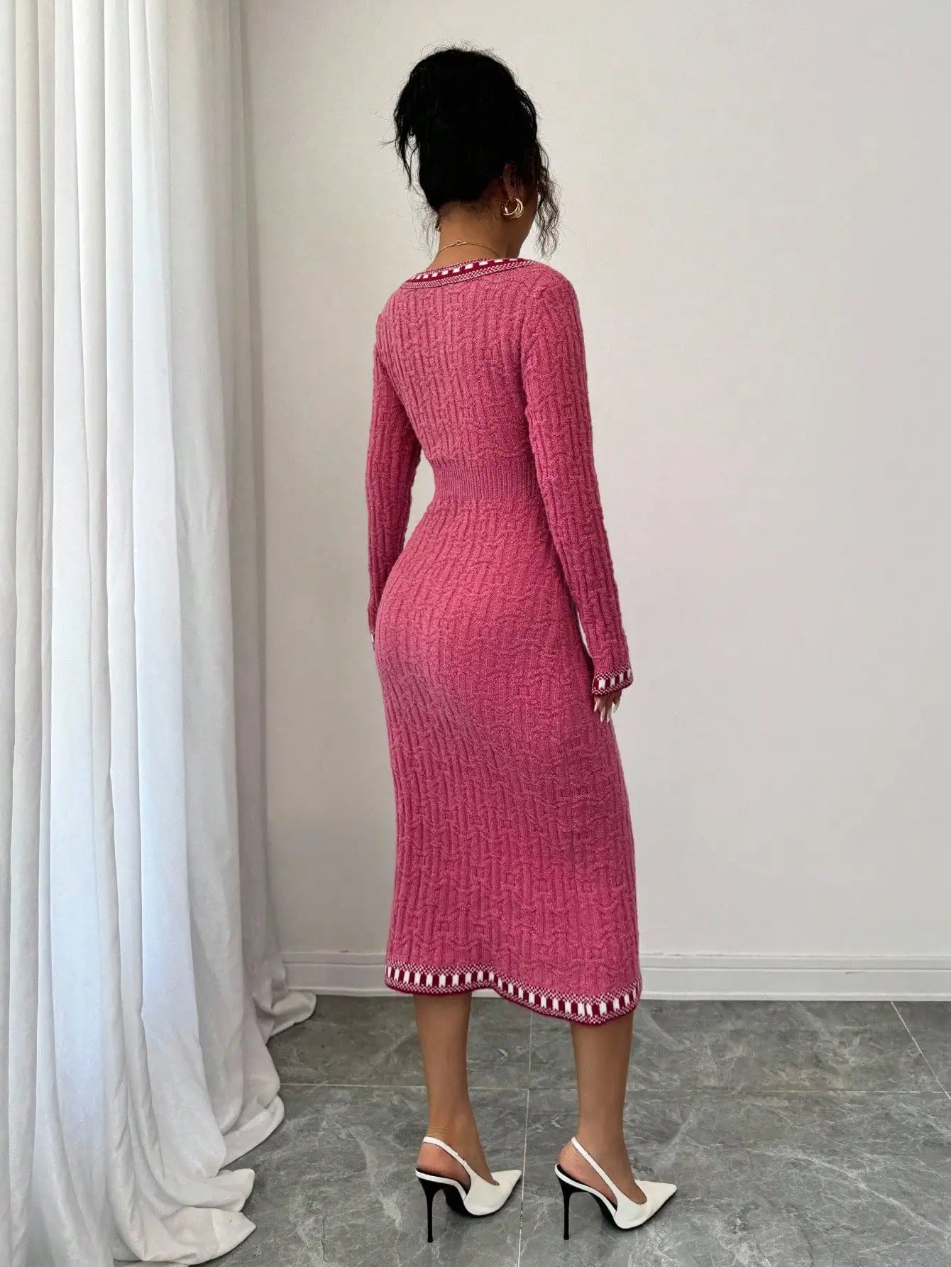 Long Sleeve Button-Up Dress with Pearl Trim