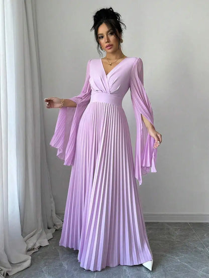 V-Neck Pleated Maxi Dress