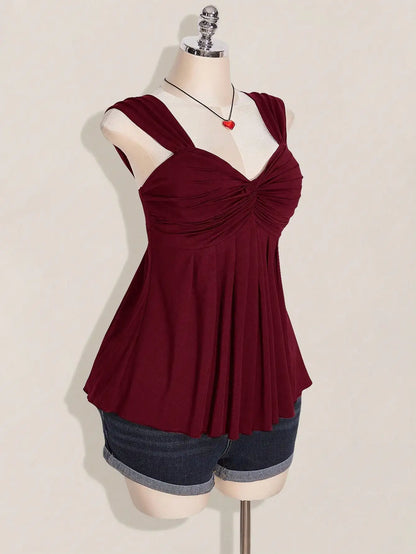 Wine Red Twist Front Sleeveless Babydoll Top,