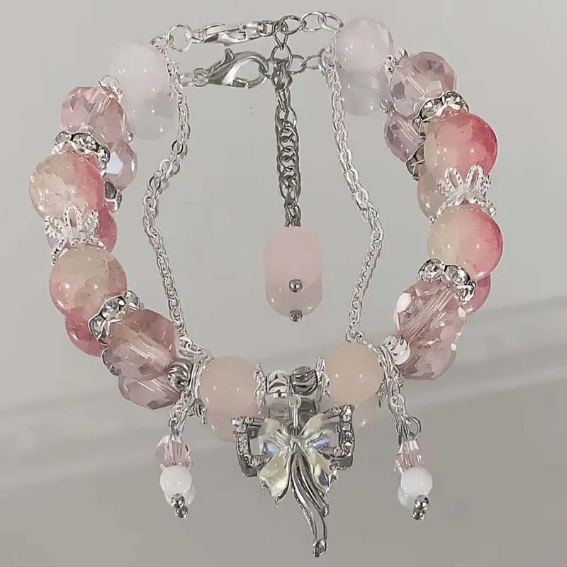 Crystal Flowers Butterfly Pendant Beaded Bracelet