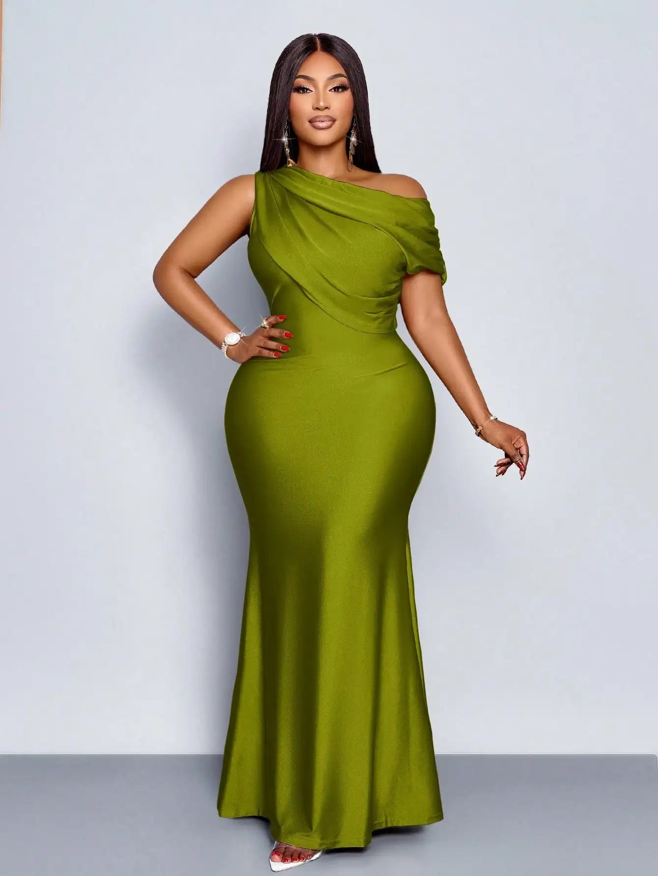 Elegant Off-Shoulder Plus Size Fishtail Evening Dress in Shiny Apricot for Wedding Party