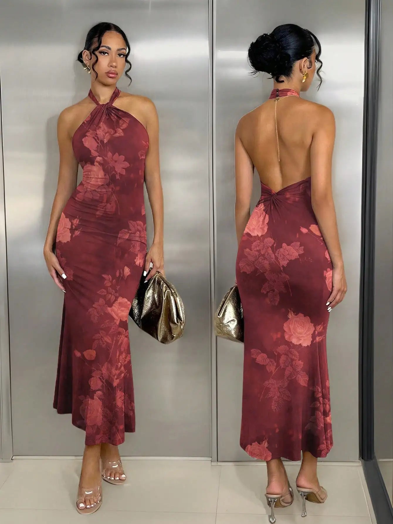 Glamine Back-Twist Halter neck Midi Dress,