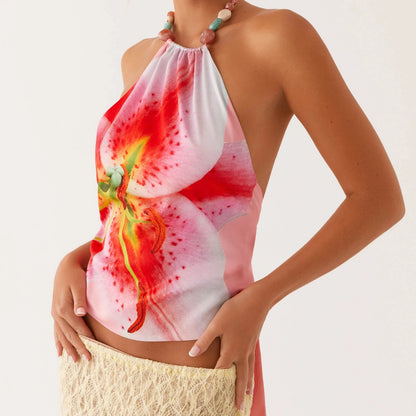 Floral Print Halter Neck Crop Top Open Back Sleeveless