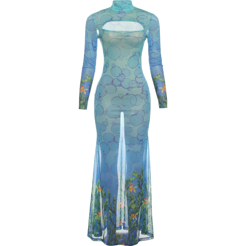 Colorful Print  See Through Sexy Dress