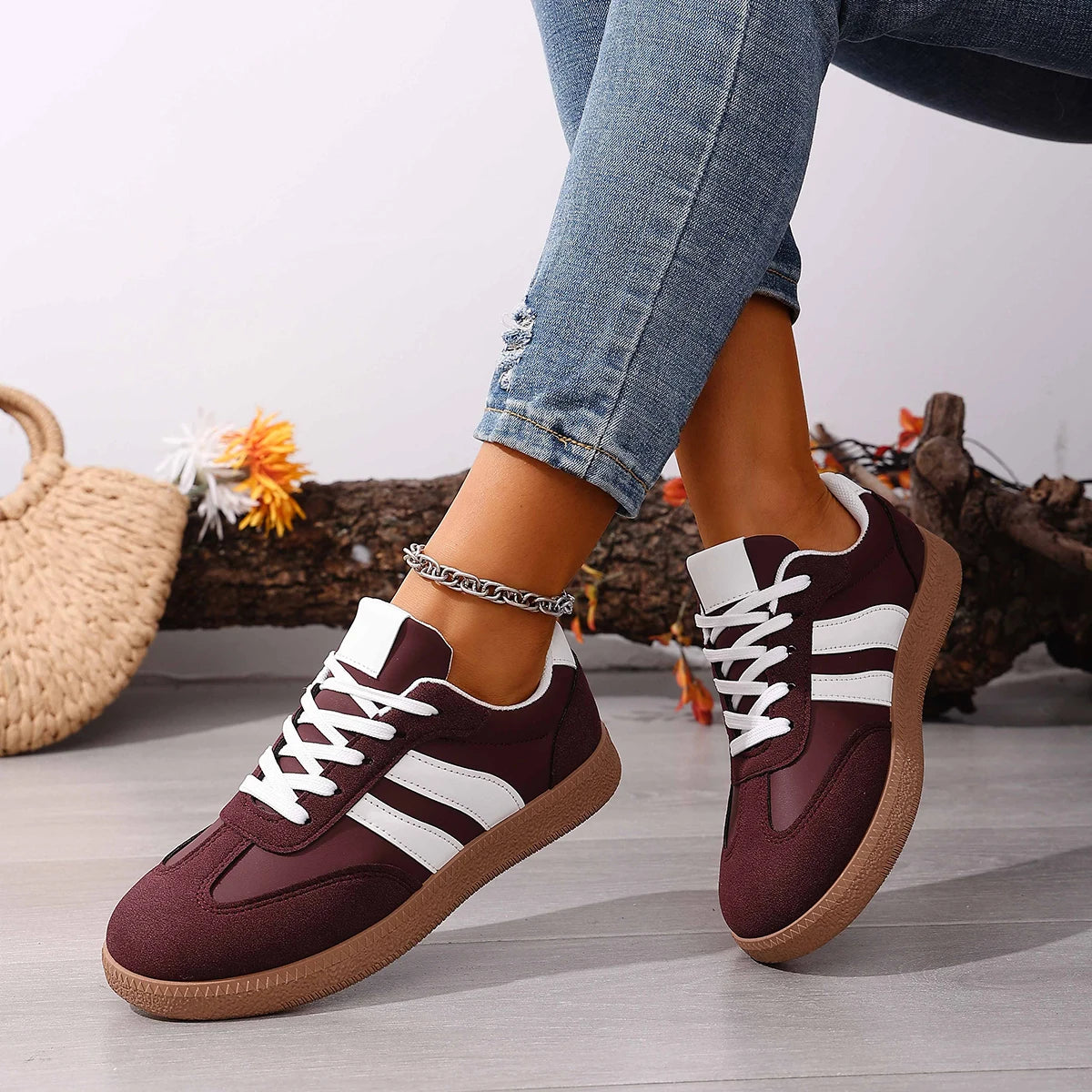 Women's Fashion Wine Red Flat Sneakers