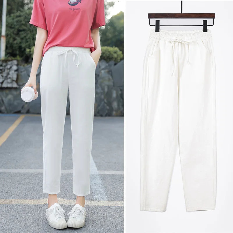Cotton Linen Solid Elastic Waist Pants