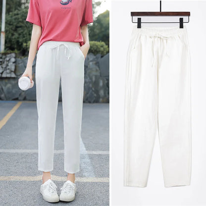 Cotton Linen Solid Elastic Waist Pants