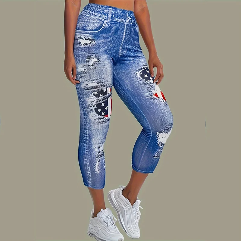 Elegant Floral Print Faux Denim Leggings,