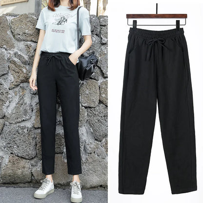 Cotton Linen Solid Elastic Waist Pants