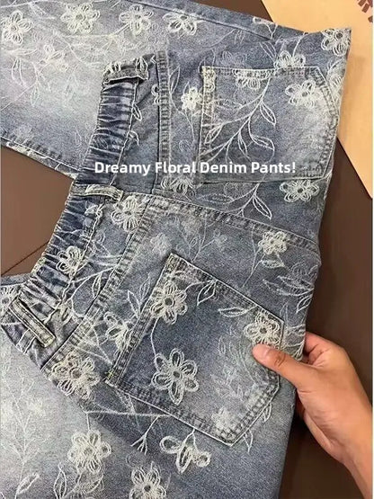 Retro Floral Washed Loose Jeans Casual