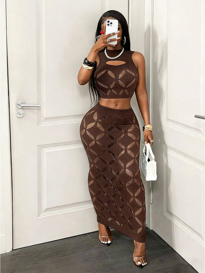 2PCS See-Through Mesh Hollow Out Crop Tank & High Waist