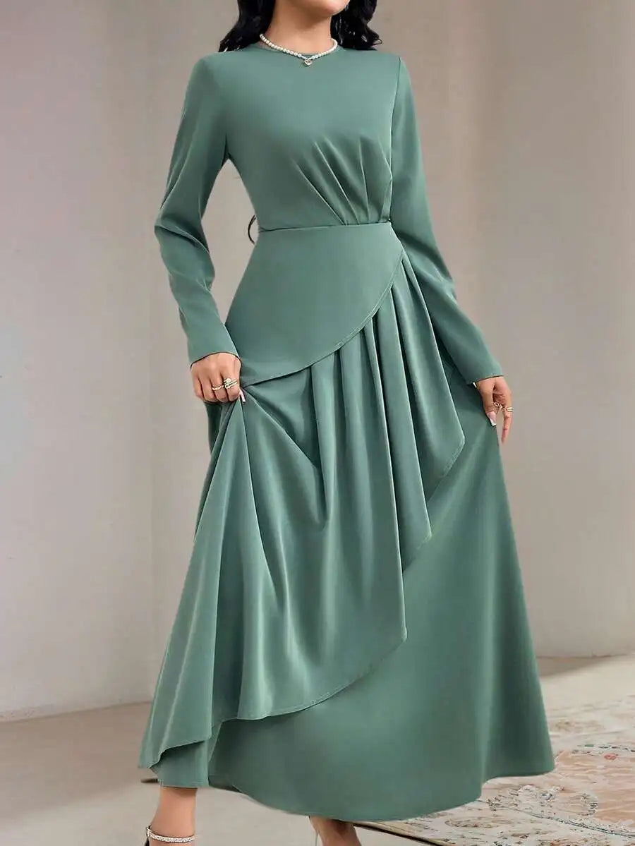 Sage Green Round Neck Long Sleeve Dress
