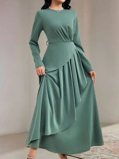 Sage Green Round Neck Long Sleeve Dress