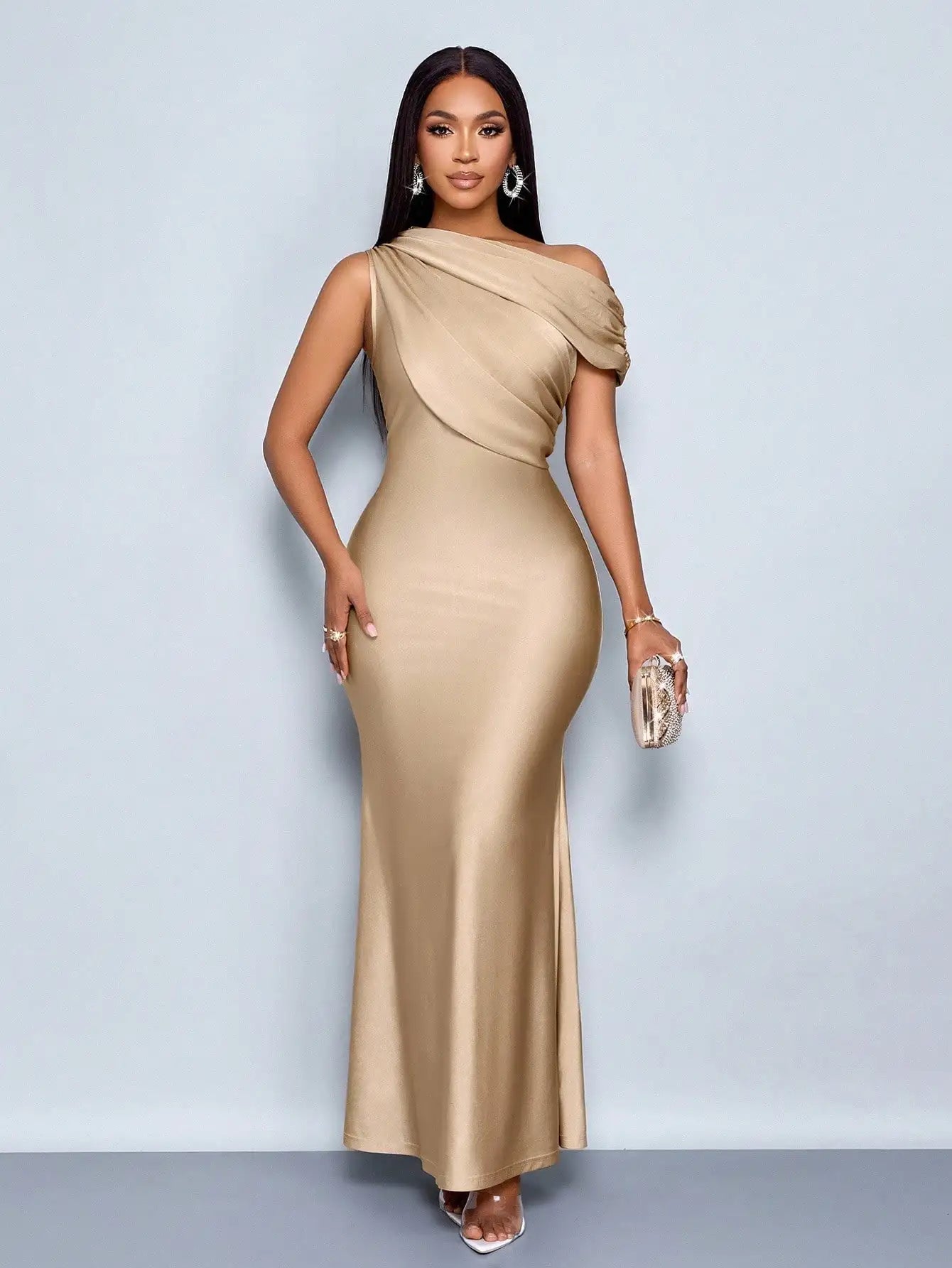 Elegant Satin One-Shoulder Fishtail Maxi Dress