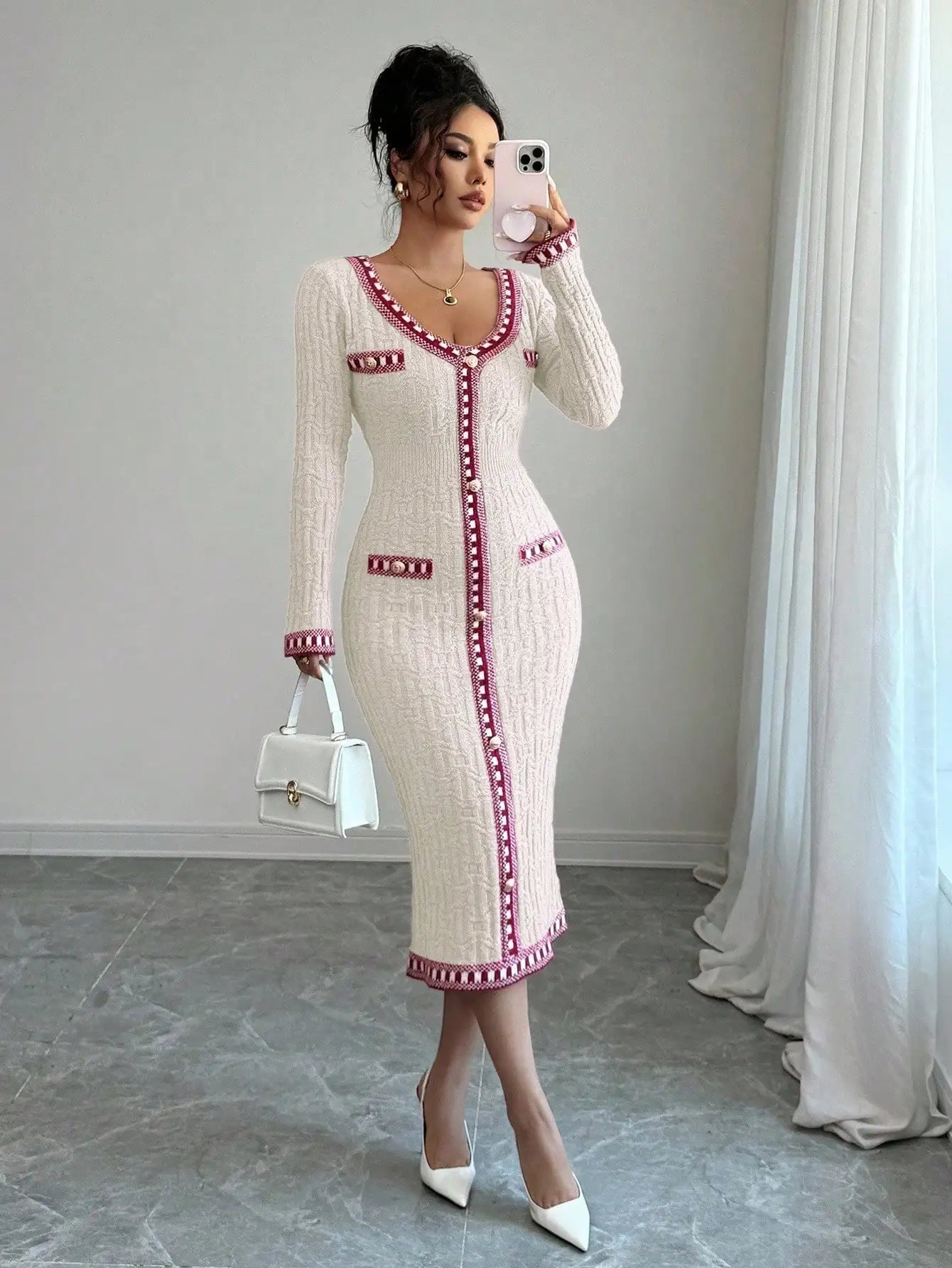 Long Sleeve Button-Up Dress with Pearl Trim