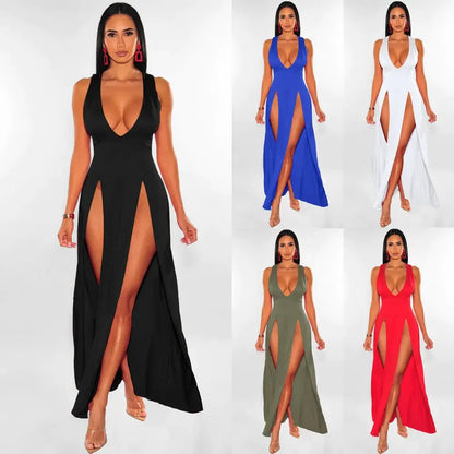 Low-Cut V-Neck Sleeveless Double Slit Dress